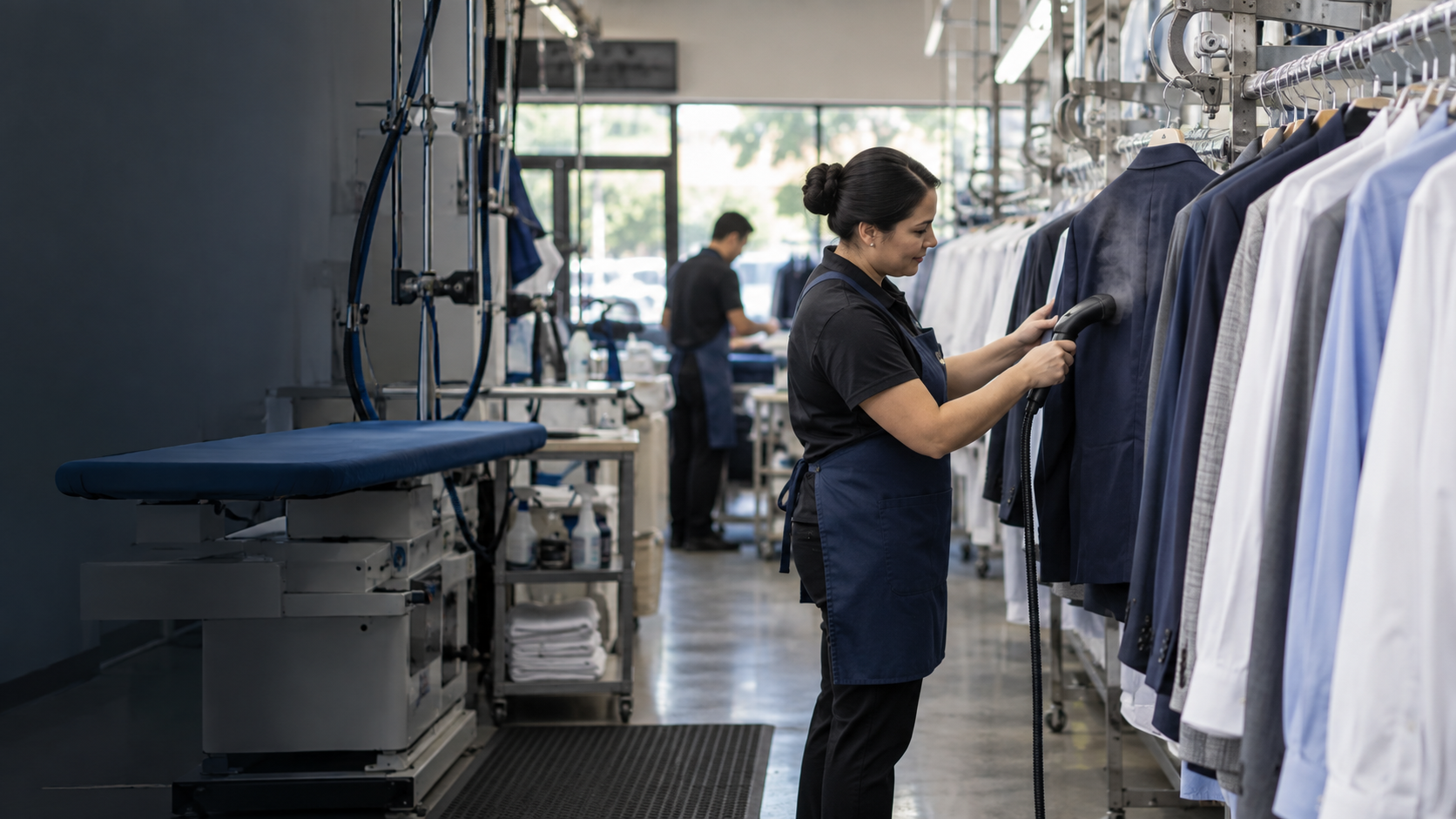 Professional dry cleaner carefully steaming a suit jacket inside a modern garment-care facility